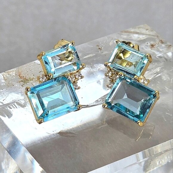 925 Sterling Silver Earrings 14K Gold Plated with Natural Topaz & CZ - Picture 4 of 7